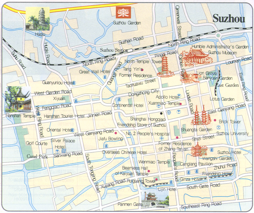 Карта - схема достопримечательностей Сучжоу с их изображением
